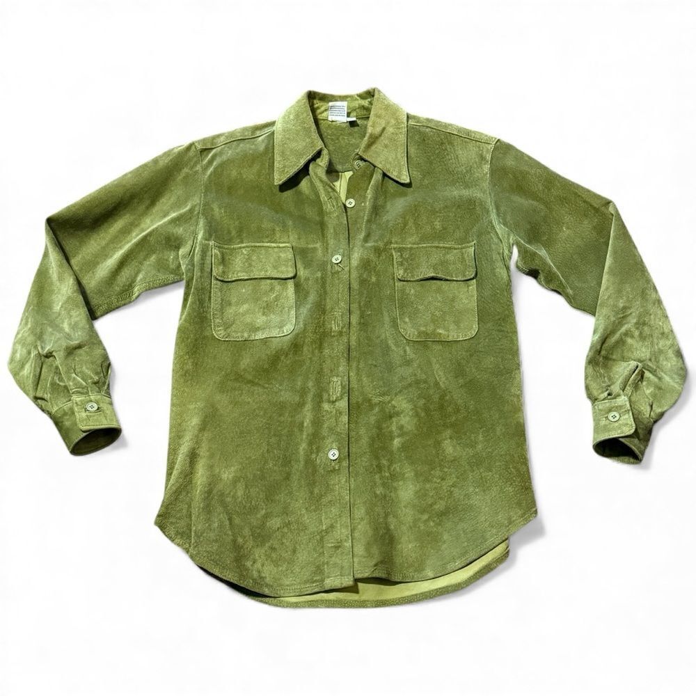 Vintage Etosha Suede Leather Button Up Long Sleeve Jacket Green Size Medium
